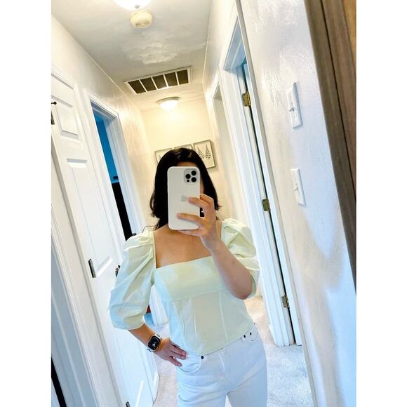 VINCE Green Cotton Square Neckline Three-Quarter Sleeves Draped Top Size 12 - Picture 11 of 13